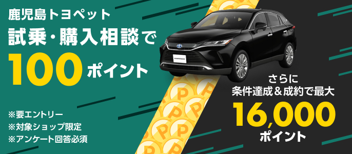 鹿児島トヨペット試乗・購入相談で100ポイント！さらに条件達成＆成約で最大16,000ポイント！